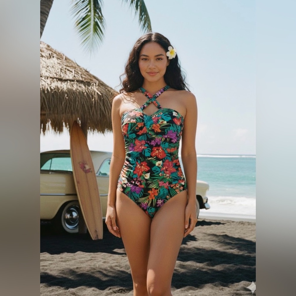 Catalina Vintage Style One Piece Swimsuit S 4-6 Tropical Floral Hawaiian Boho